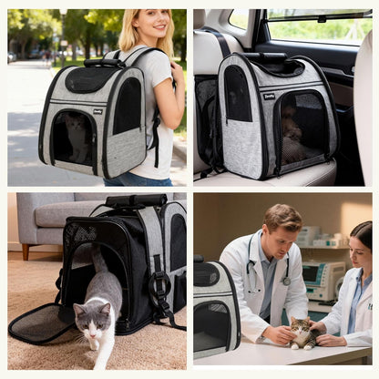 Zavothy Expandable Pet Backpack Carrier for Small Cats & Dogs, Airline Approved Travel Bag with Mesh Windows, Expandable Space, Padded Bottom, Foldable Design (Black/Grey)