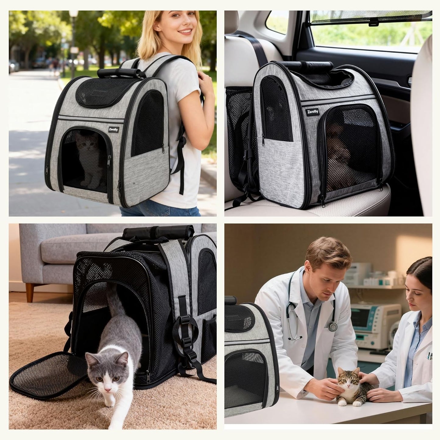 Zavothy Expandable Pet Backpack Carrier for Small Cats & Dogs, Airline Approved Travel Bag with Mesh Windows, Expandable Space, Padded Bottom, Foldable Design (Black/Grey)