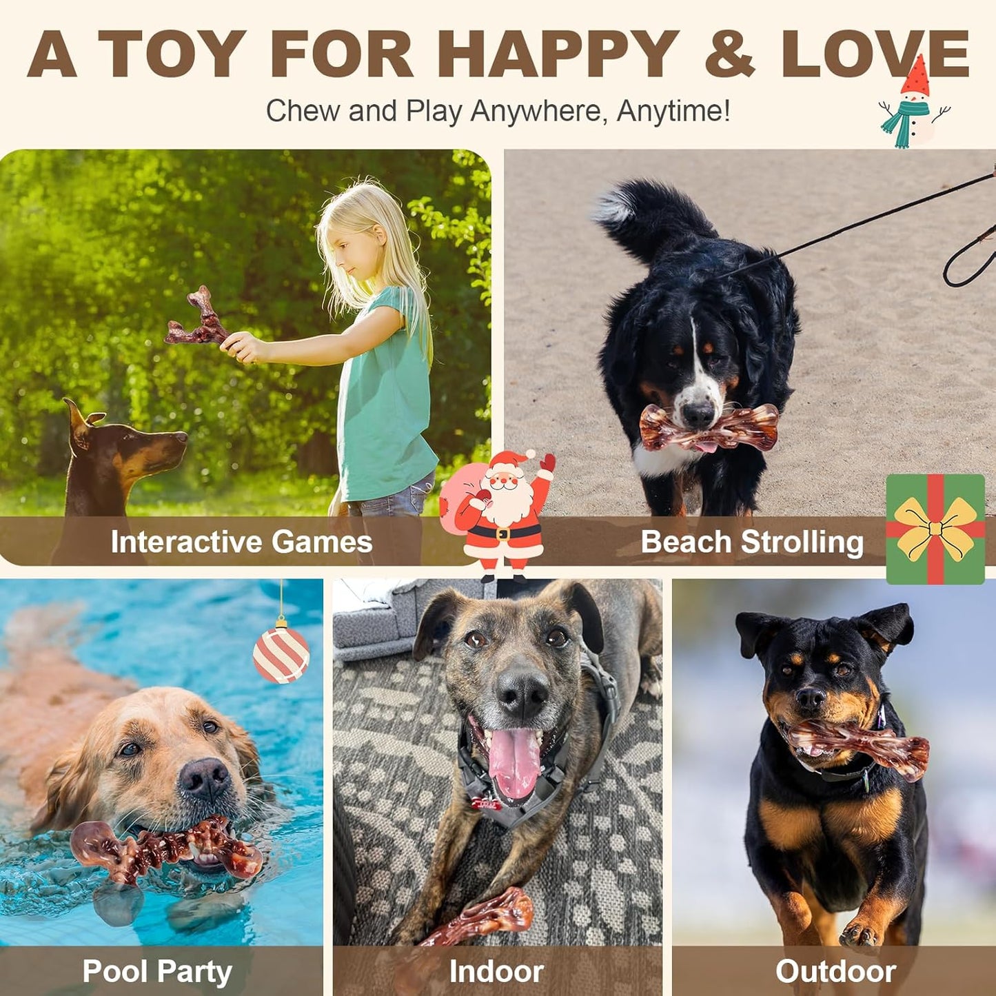 Dog Toys for Aggressive Chewers - 3 Pack Bacon Flavored Indestructible Dog Toy, Big Tough Chew Bone for Medium Large Breed 25-80lbs to Keep Them Busy, Holiday Dog Gift (Brown)