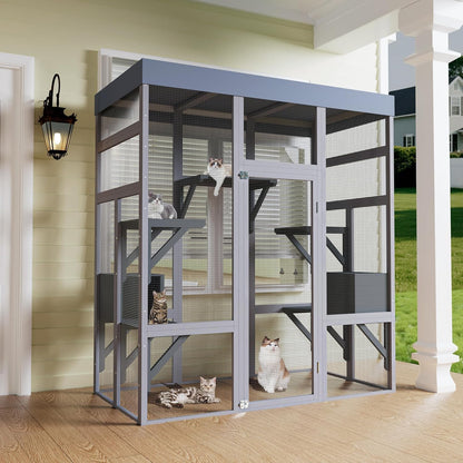70" Large Catio Outdoor Cat Enclosure, Outdoor Cats Cage with Waterproof Cover,Wooden Walk in Cat Shelter Jumping Platforms & 2 Resting Box, UV Resistant
