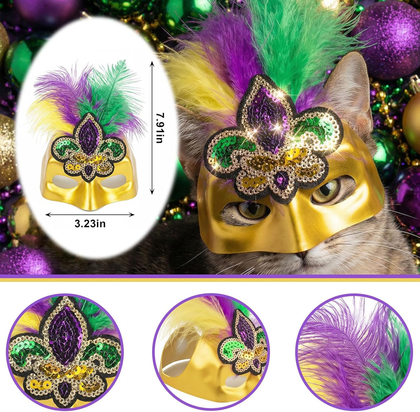 ABTOLS Mardi Gras Pet Mask, Carnival Masquerade Purple Yellow Green Feather Fleur De Lis Masks Cosplay Pet Party Accessories Funny Pet Photo Prop Easy to Wear
