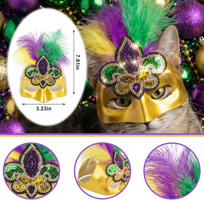 ABTOLS Mardi Gras Pet Mask, Carnival Masquerade Purple Yellow Green Feather Fleur De Lis Masks Cosplay Pet Party Accessories Funny Pet Photo Prop Easy to Wear