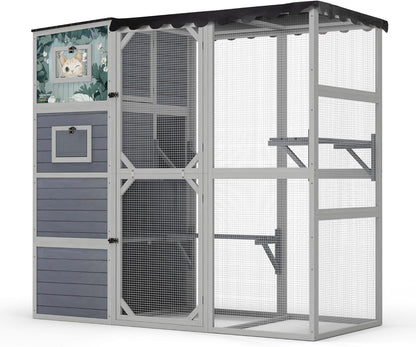 Outdoor Cat Enclosure, 4-Tier Large Cat Catio with Weatherproof Roof, 2 Resting Rooms, 2 Platforms, Walk in Cat Cage Cat House Indoor, Grey, w/Painted Panel