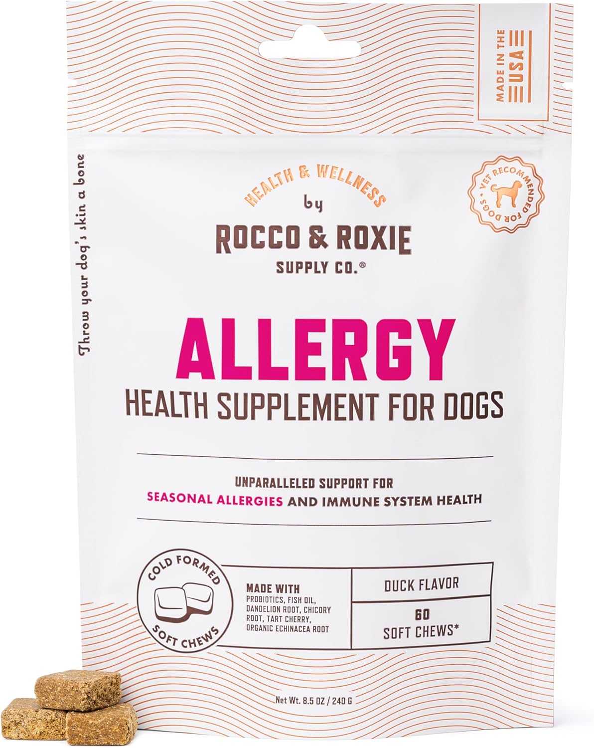 Rocco & Roxie Dog Allergy Relief Chews with Omega 3 for Dogs, Probiotics for Itching Skin, Stop Paw Licking, Fish Oil Skin and Coat Supplement, Anti-Itch, Pet Itchy Allergies and Immune Support, 60ct