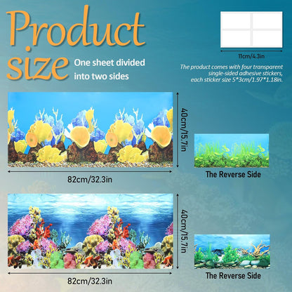 2 Pack 32 x 16 inches Aquarium Backgrounds, Double-Sided Fish Tank Wallpaper, 3D Cora Water Plants Terrarium Background with Adhesive Tape, Ocean Theme Fish Tank Backdrop (2 Pcs)