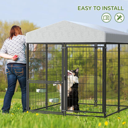 Mr IRONSTONE Large Dog Kennel Outdoor with Water-Resistant Roof Heavy Duty Outside Dog Kennel Pet Pens Dogs Run Enclosure with Rotating Feeder and Secure Lock (4'L x 4'W x 4.4'H)