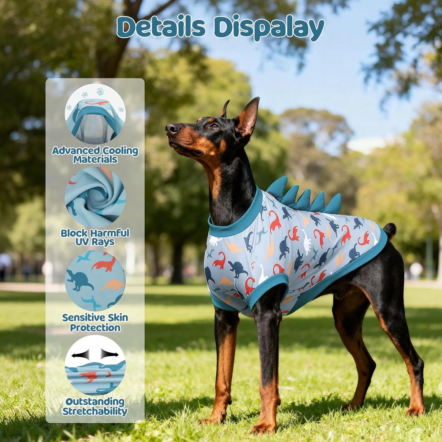 UPF 50+ Sun Protection Dog Shirt - Sleeveless Cooling Vest for Large Dogs Boy, Quick-Dry Pet T-Shirt with Funny Dinosaur Horns, UV Protective Breathable Dog Clothes U-COSBX05XL