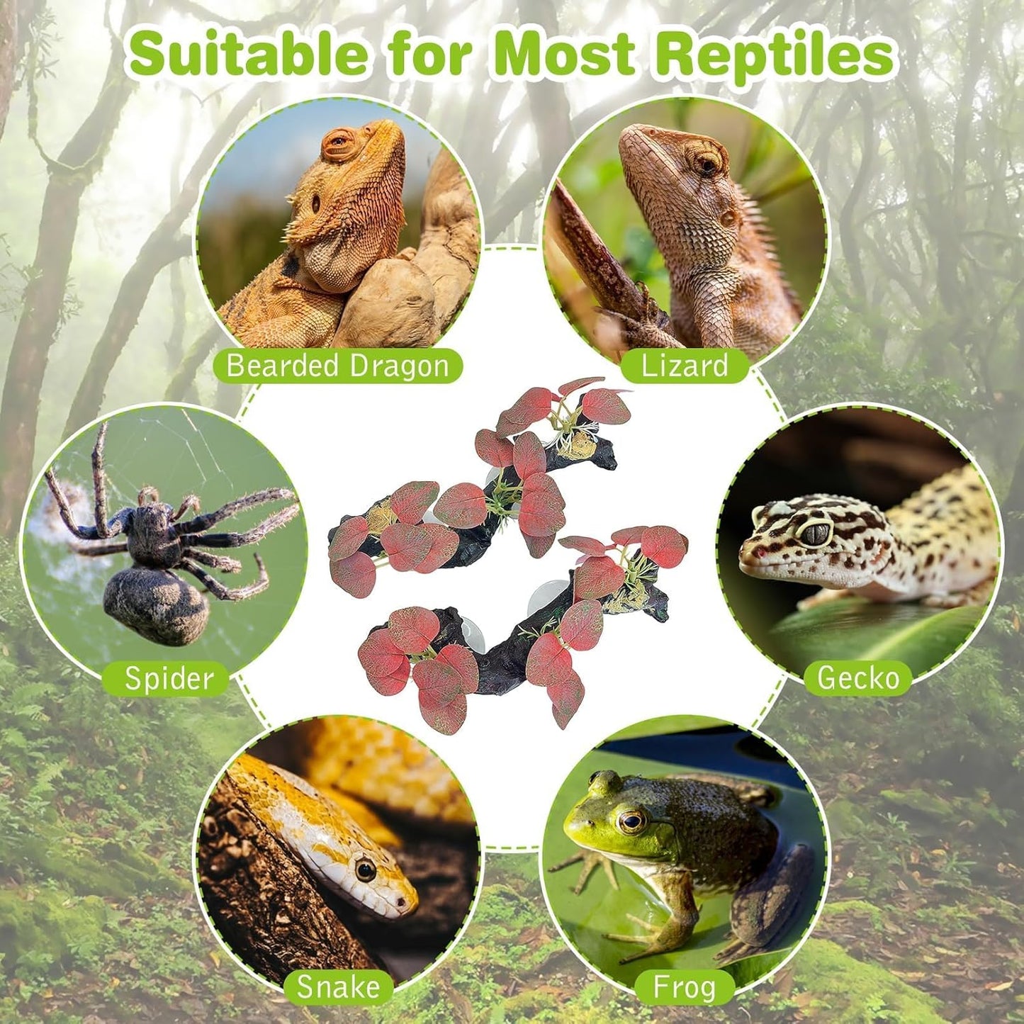 kathson 2 PCS Reptile Corner Branch Resin Snake Climbing Accessories with Leaves Terrarium Plant Decoration with Suction Cup for Frog Lizard Bearded Dragon Gecko Spider Climbing 7.8 x 3.1 x 1.4 inches