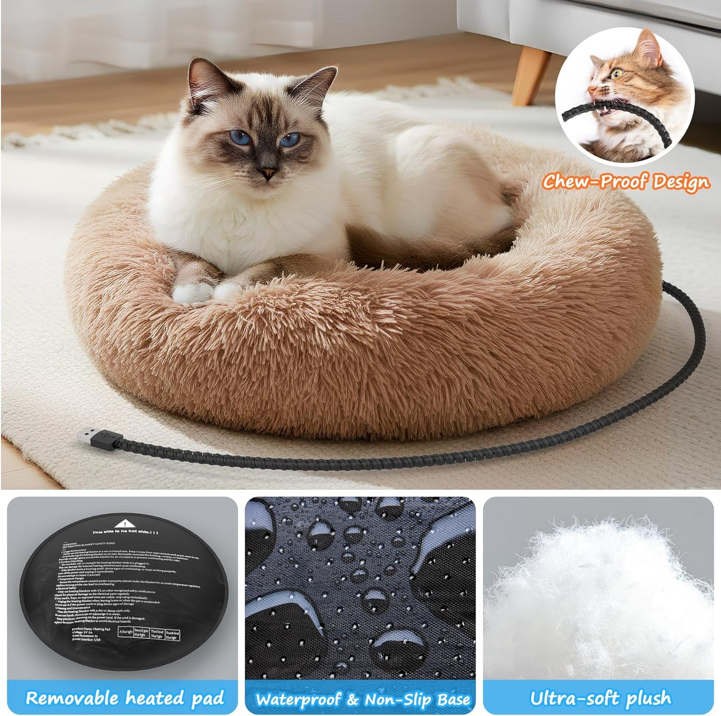 Heated Cat Bed for Indoor Cats, 23-inch Cozy Donut with USB Power, Adjustable Temperature & Timer, Machine Washable Cover for Small & Medium Cats (Camel)