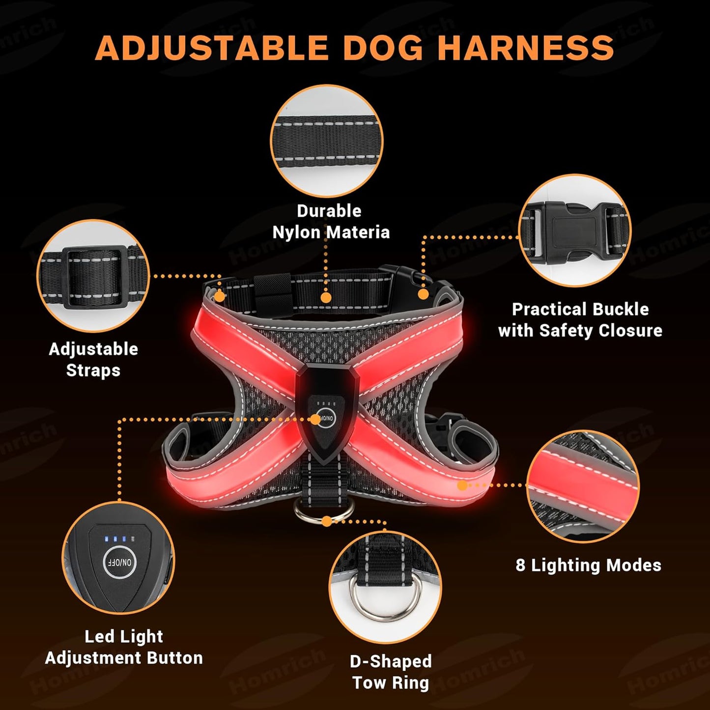 LED Light Up Dog Harness - Rechargeable & Reflective Dog Vest, 7 Lighting Modes, 3-Layer Air Mesh for Breathability & Comfort, Adjustable Illuminated Leash for Small to Large Dogs Walking at Night