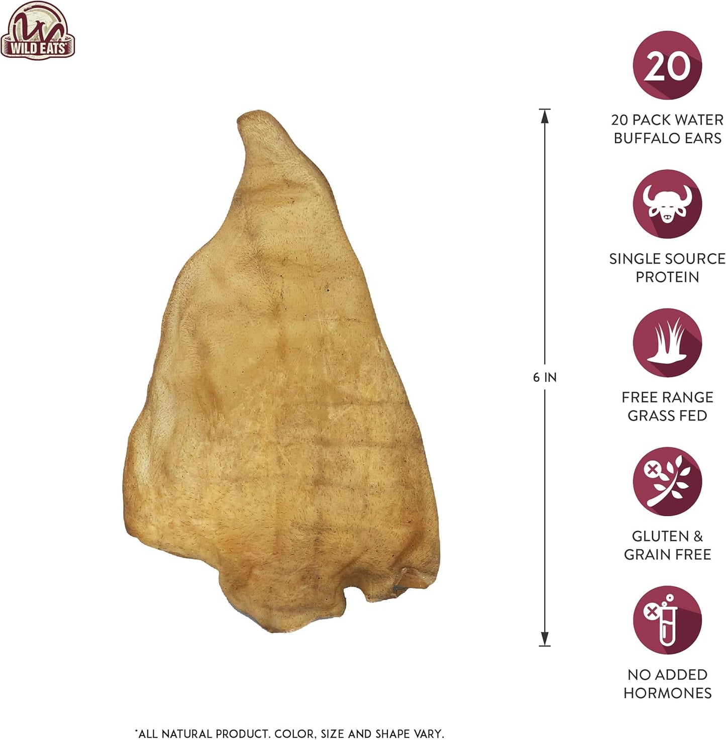 Wild Eats Water Buffalo All Natural Ear Dog Chews, Dog Treats & Snacks - 20 Piece Value Pack (Grain Free Treats - Great Alternative to Pig Ears, Cow Ears, Bones & Rawhides)