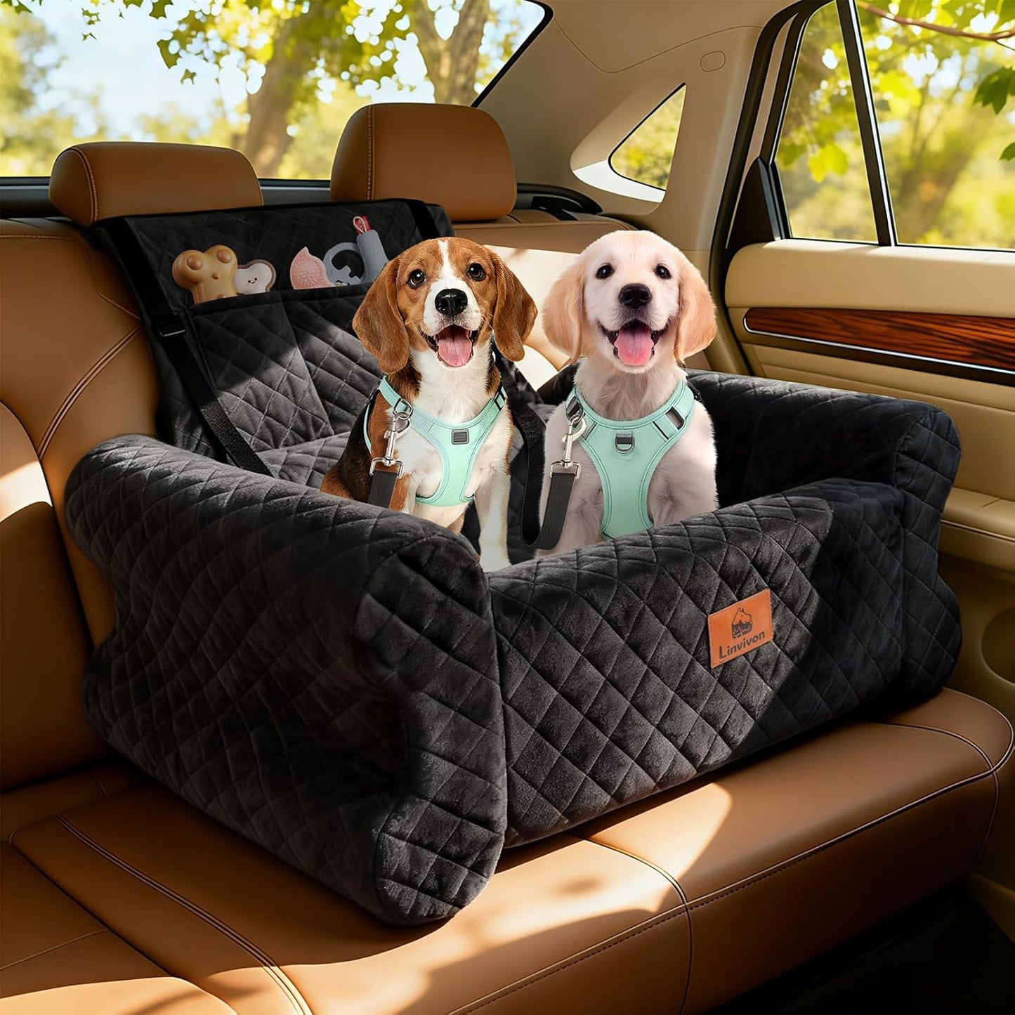 Dog Car Seat for Medium/Large Dogs up to 60 lbs, Memory Foam Dog Booster Seat with Thick Cushion, Pet Car Seat for Back with Detachable Washable Cover, Storage Pockets for SUV, Pick Up, Trunk, Black
