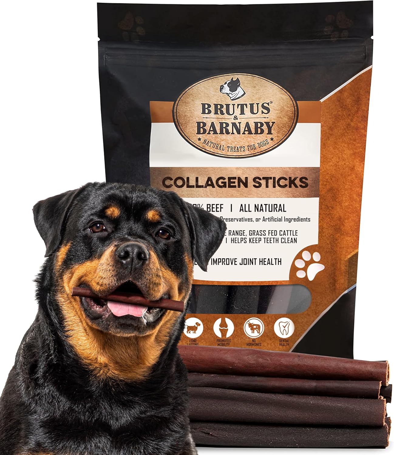 BRUTUS & BARNABY Beef Collagen Sticks for Dogs-Great Long Lasting Chew for All Dog Breeds-Odor Free, With Naturally Occurring Glucosamine &Chondroitin for Joint Health-Great for Any Dog Size(25 Count)