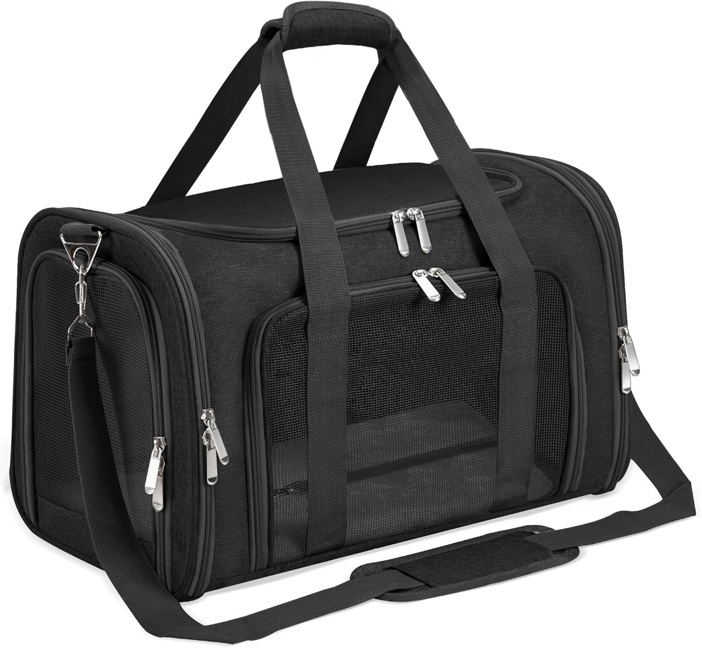 Soft-Sided Cat/Dog/Pet Carrier, Collapsible Pets Travel Carriers for Big Cats/Small Dogs with Shoulder Strap & Removable Mat, Mesh Puppy Carry Bag, Up to 16 Lbs, TSA Airline Approved(Black)