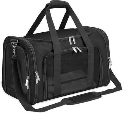 Soft-Sided Cat/Dog/Pet Carrier, Collapsible Pets Travel Carriers for Big Cats/Small Dogs with Shoulder Strap & Removable Mat, Mesh Puppy Carry Bag, Up to 16 Lbs, TSA Airline Approved(Black)