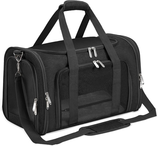 Soft-Sided Cat/Dog/Pet Carrier, Collapsible Pets Travel Carriers for Big Cats/Small Dogs with Shoulder Strap & Removable Mat, Mesh Puppy Carry Bag, Up to 16 Lbs, TSA Airline Approved(Black)