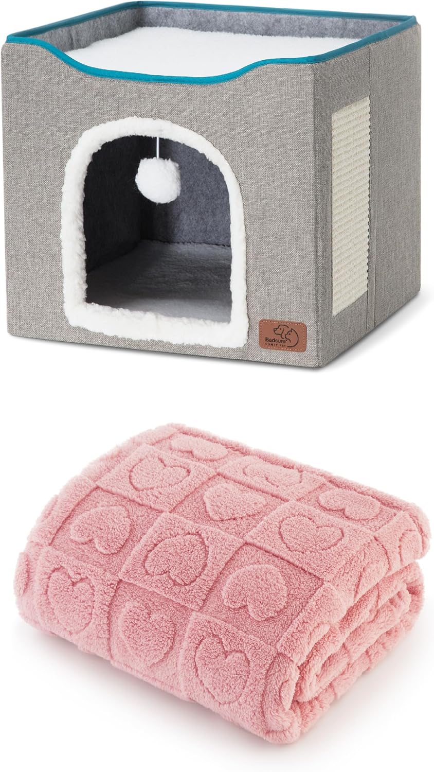 Bedsure Cat Cave for Pet Cat House 16.5x16.5x13 inches, Grey with Bedsure Dog Blankets for Small Dogs Pink, 25x35IN