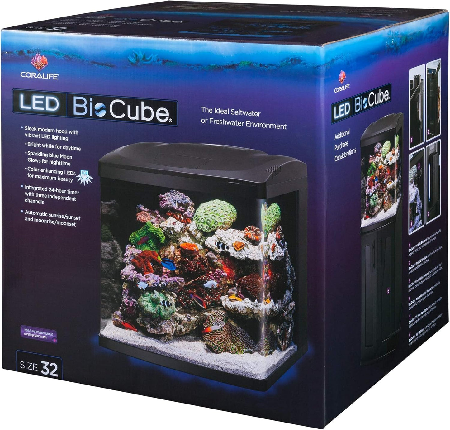 Coralife BioCube, Aquarium Kit, Integrated 24-hour Timer, Customizable LED Lighting, for Saltwater and Freshwater Environments, 32 Gallon