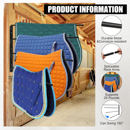 Saddle Pad Rack 4 Bar Wall Mount, Horse Blanket Holder 180 Degree Swing Rack Arms Saddle Rack Wall Mount for English Saddle Pad Storage Various Accessories (15.8 x 23.6 Inch)