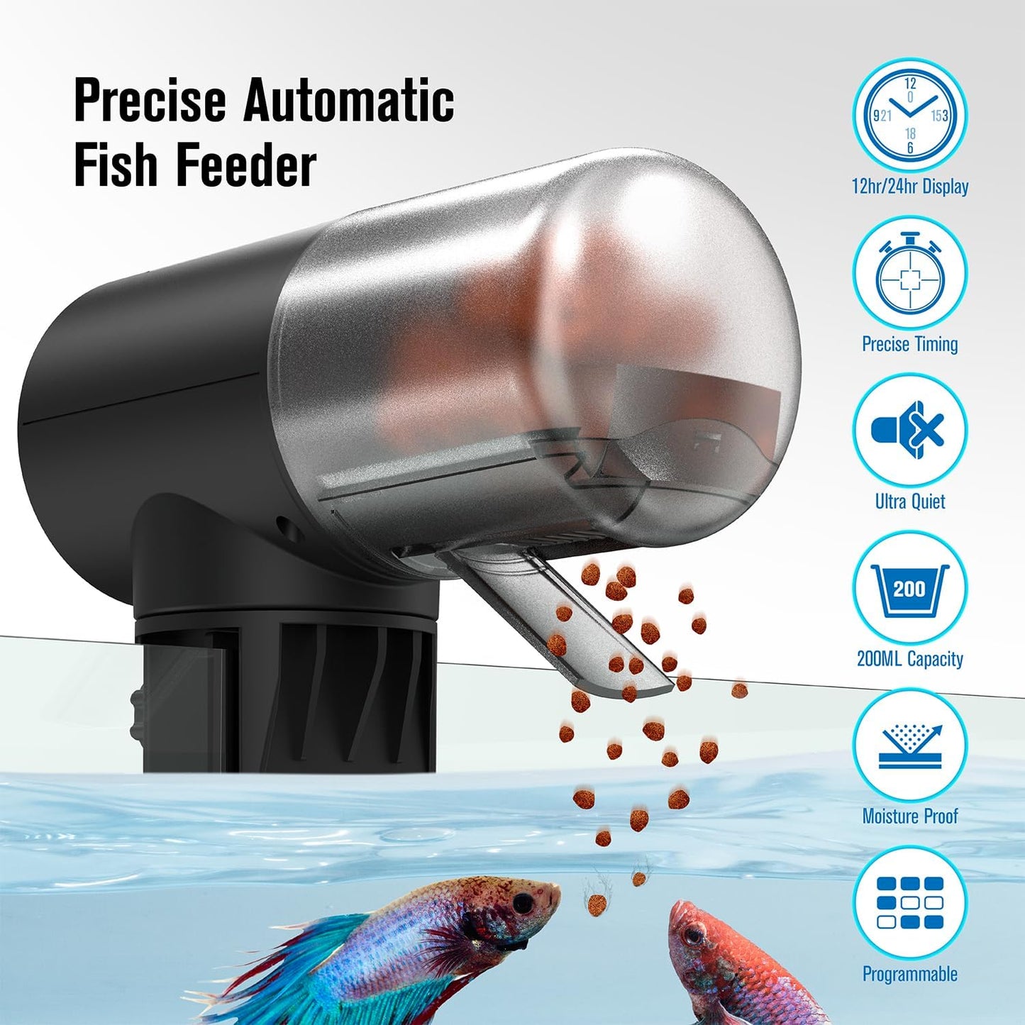 Automatic Fish Feeder for Aquarium, Vacation, 7, 14 Day Auto Dispenser with Timer, 200ml Large Capacity, Battery Powered, Ideal for Turtle/Fish Tank Aquarium Accessories, Batteries Included