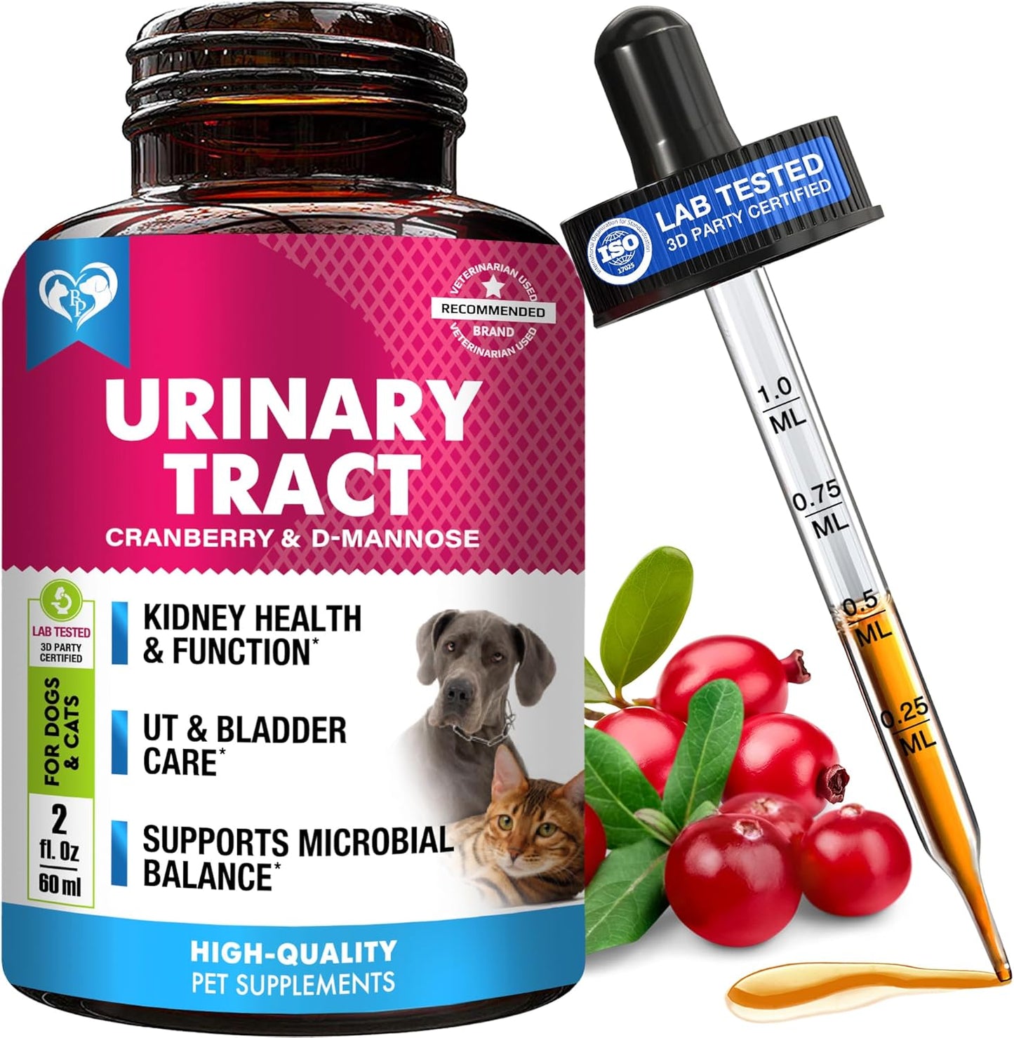 Cat & Dog Urinary Tract Infection Treatment & Natural UTI Medicine Cranberry & D-Mannose -Kidney+Bladder Support - Best Incontinence, Bladder Stones - Pet Renal Health & Care Drops