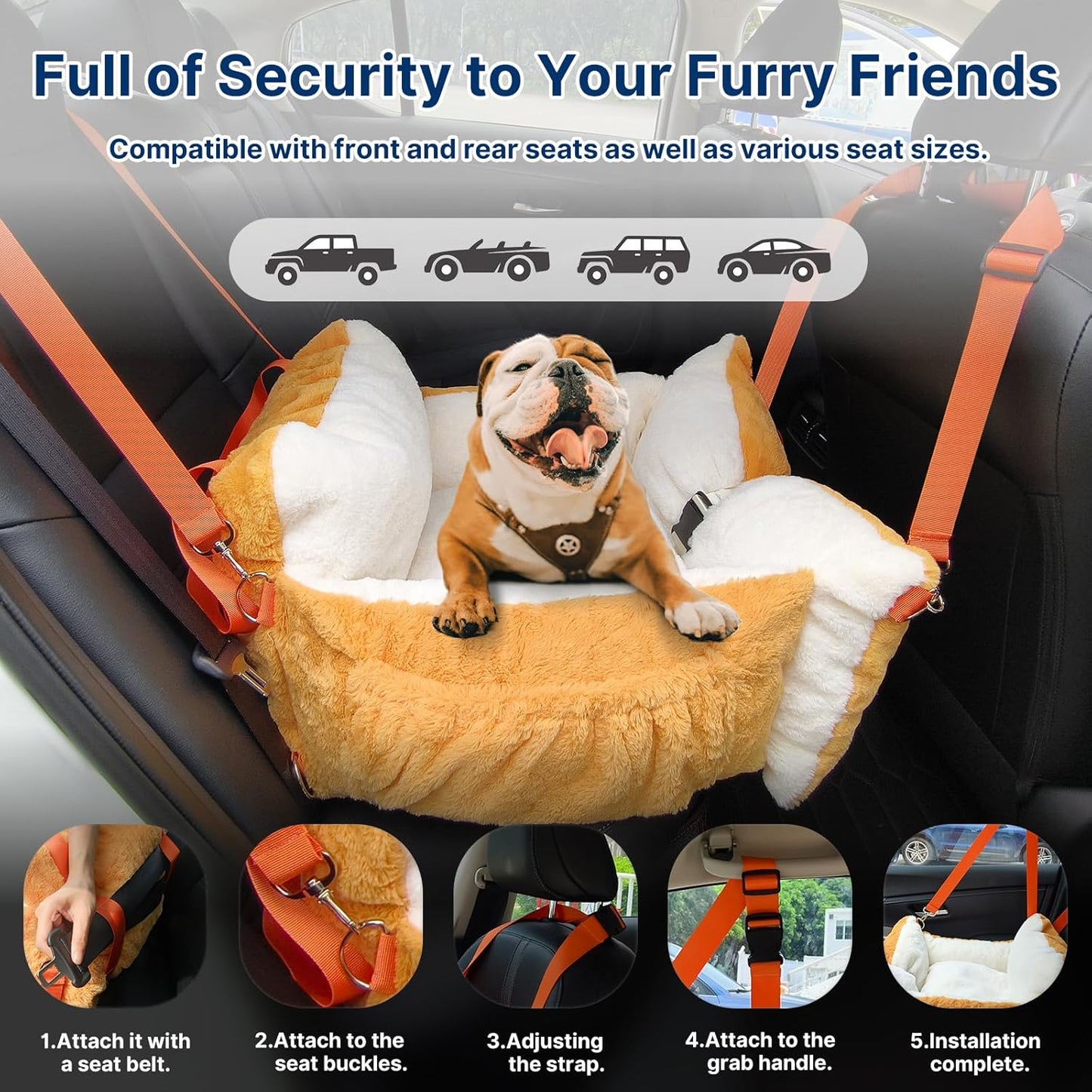 Fuzzy Dog Bed Car Seat, Easy to Carry Small Dog Car Seat with Handles for Small Pets up to 25lbs, Cute Cat Beds for Indoor Cats, Washable Pet Bed with Removable Water Resistant Lining Cover