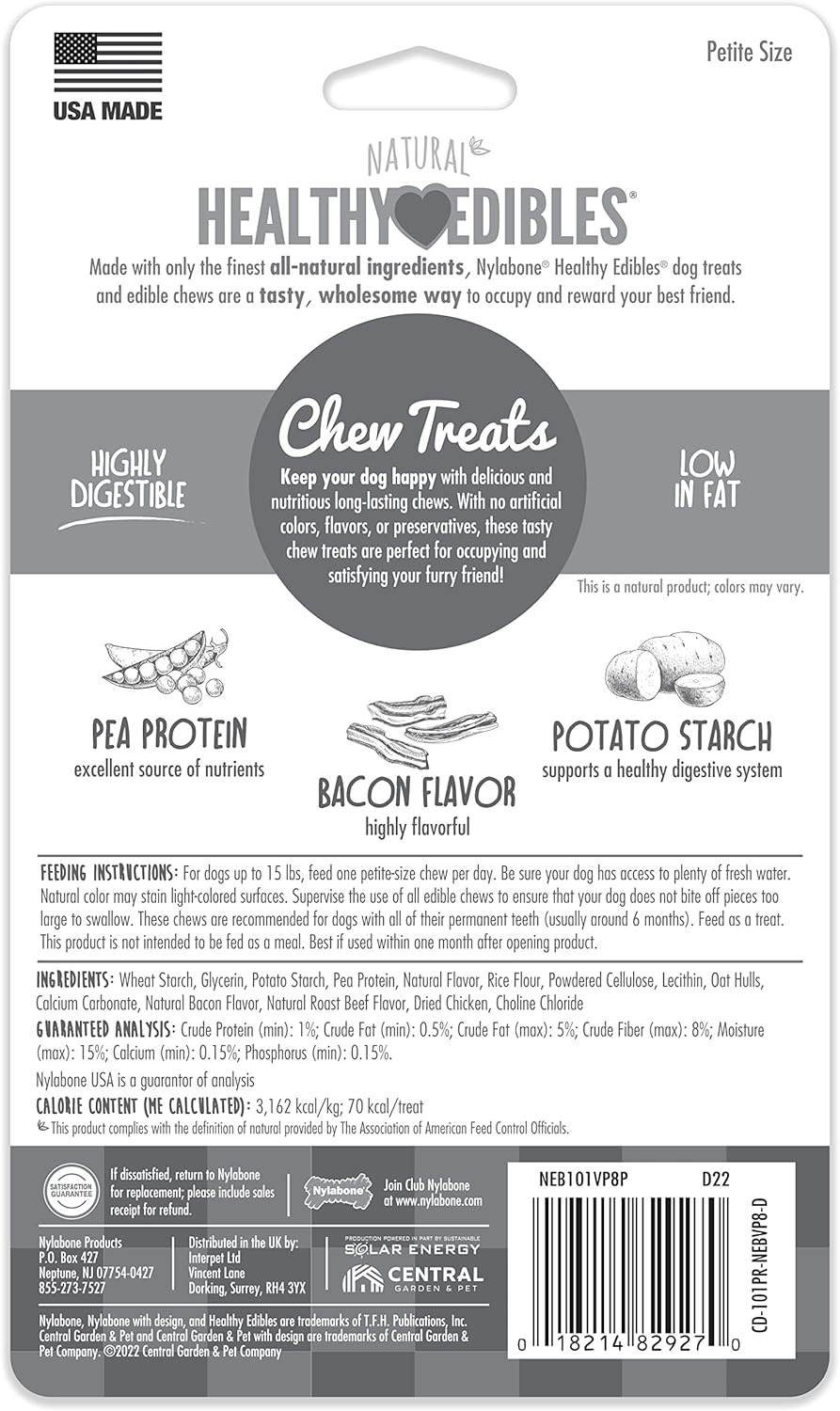 Nylabone Healthy Edibles Natural Dog Chews Long Lasting Bacon Flavor Treats for Dogs, X-Small/Petite (8 Count)