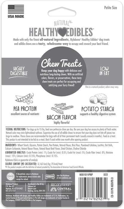 Nylabone Healthy Edibles Natural Dog Chews Long Lasting Bacon Flavor Treats for Dogs, X-Small/Petite (8 Count)