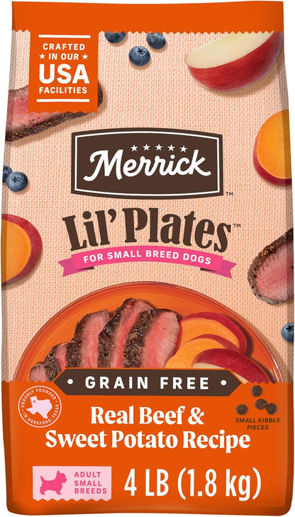 Merrick Lil’ Plates Premium Grain Free Dry Dog Food For Small Dogs, Real Texas Beef And Sweet Potato Kibble - 4.0 lb. Bag