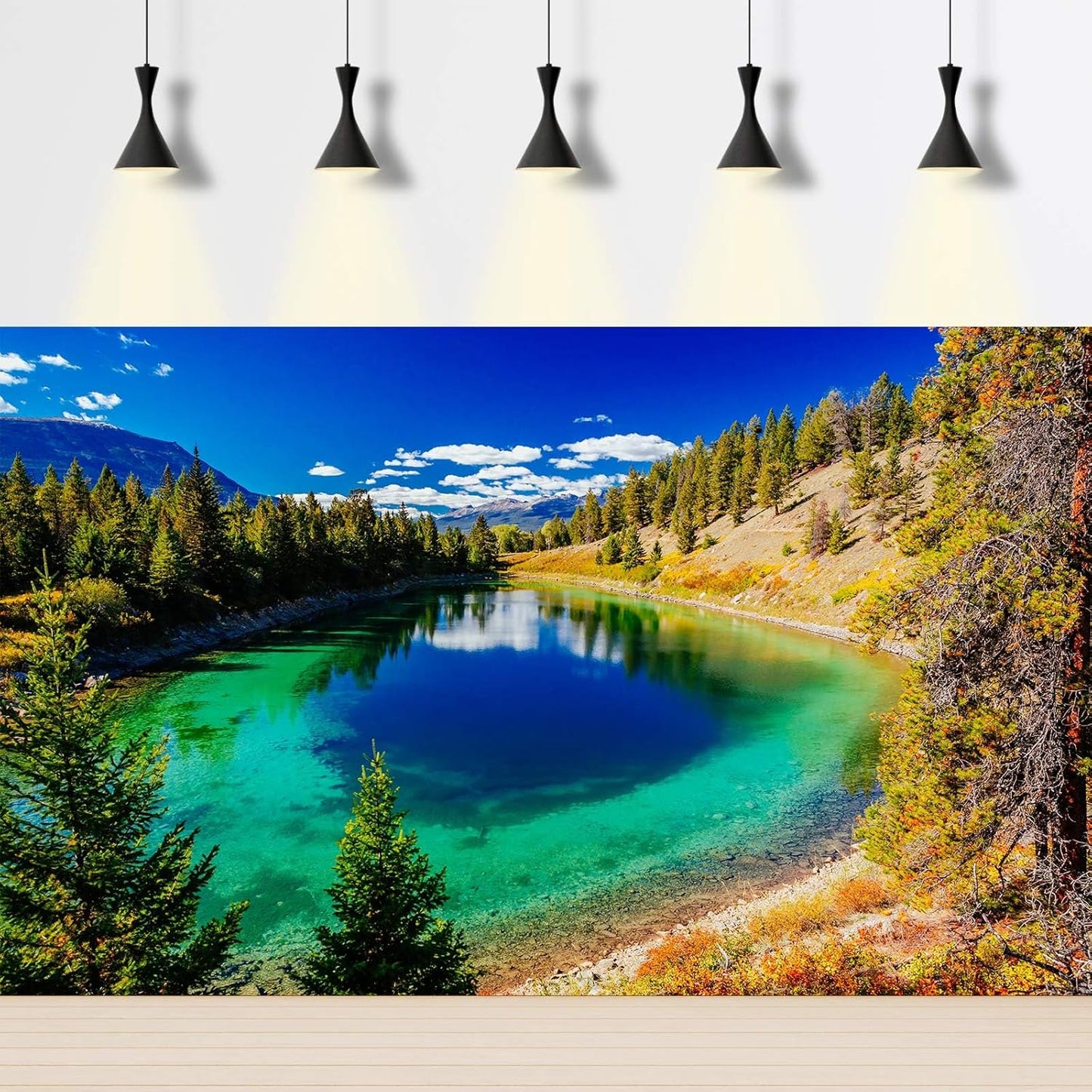 Majestic Lake Aquarium Background Aquamarine Blue-Green Shades Five Lakes Fish Tank Background Scenic Serene Pine Trees Terrarium Backgrounds Tranquil Valley Lakes Reptile Tank Backgrounds 72x18in