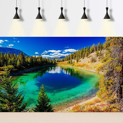 Majestic Lake Aquarium Background Aquamarine Blue-Green Shades Five Lakes Fish Tank Background Scenic Serene Pine Trees Terrarium Backgrounds Tranquil Valley Lakes Reptile Tank Backgrounds 72x18in