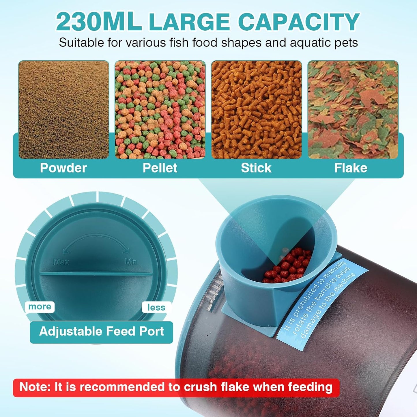 AQQA Automatic Fish Feeder for Aquarium - Programmable Auto Fish Food Dispenser, 230ML Large Capacity Smart Vacation Weekend Tank Timer Feeder for Turtle Betta Goldfish Koi (Upgrade Customizable)