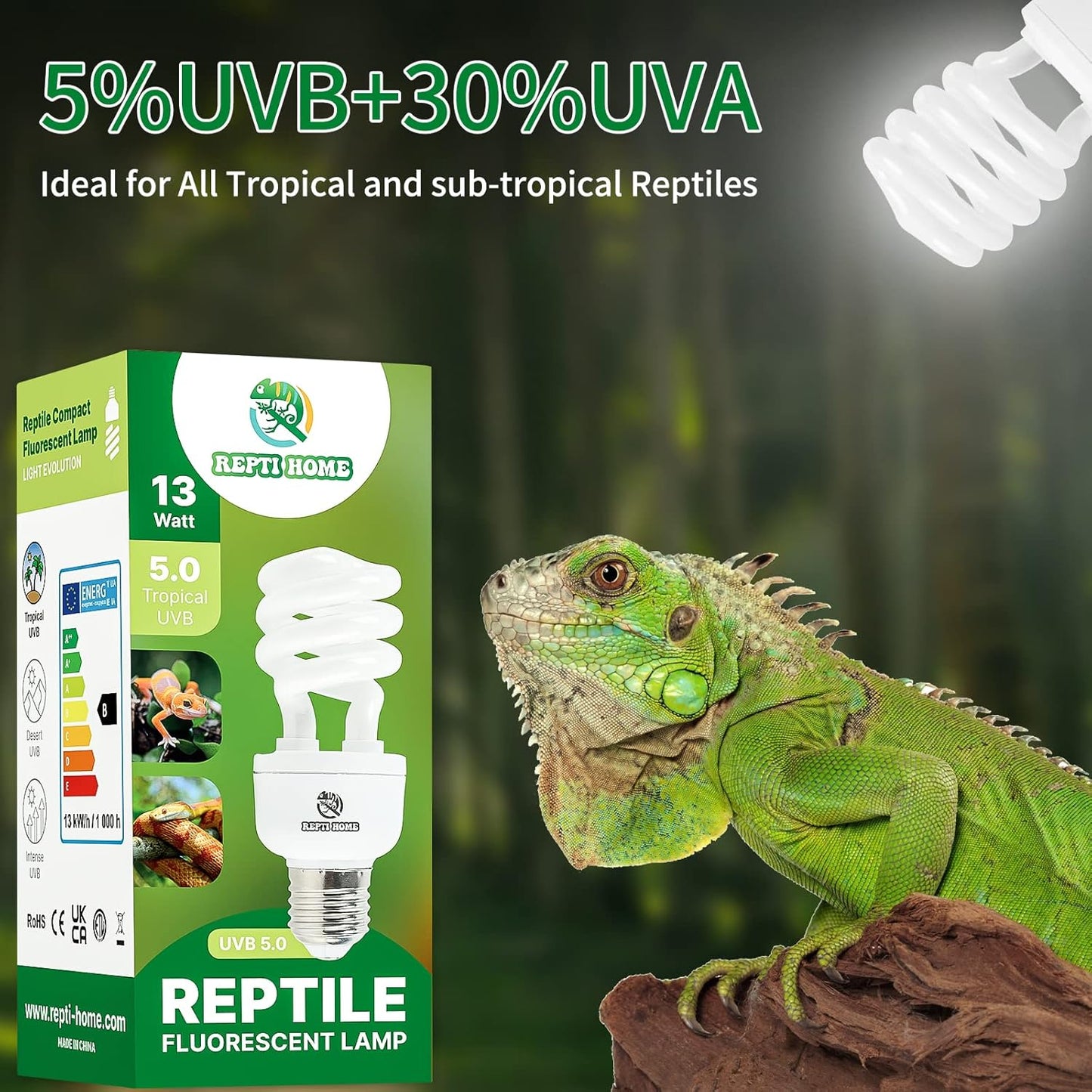 UVB Reptile Light 5.0, 13W Tropical and Sub-Tropical UVA UVB Bulb for Reptiles, Tropical Terrarium Compact Fluorescent Lamp, Reptile UVB Light Bulb for Chameleons, Iguanas and Turtles