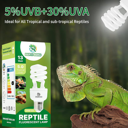 UVB Reptile Light 5.0, 13W Tropical and Sub-Tropical UVA UVB Bulb for Reptiles, Tropical Terrarium Compact Fluorescent Lamp, Reptile UVB Light Bulb for Chameleons, Iguanas and Turtles