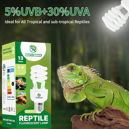 UVB Reptile Light 5.0, 13W Tropical and Sub-Tropical UVA UVB Bulb for Reptiles, Tropical Terrarium Compact Fluorescent Lamp, Reptile UVB Light Bulb for Chameleons, Iguanas and Turtles