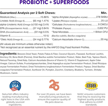 NaturVet Evolutions Probiotic & Superfoods 90ct Soft Chews for Dogs - Prebiotic & Probiotic Blend, Digestive Enzymes, Bone Broth, Omega's - Nourishes Natural Gut Bacteria and Intestinal Microflora