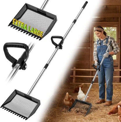 TOOGE Upgraded Chicken Poop Scooper: 9.6" Metal Pooper Scooper & Rake 4-Section Long Handle Chicken Coop Scoop Scoopers Accessories Large Sand Sifter Litter Shovel for Yard/Farm/Stable/Beach Black