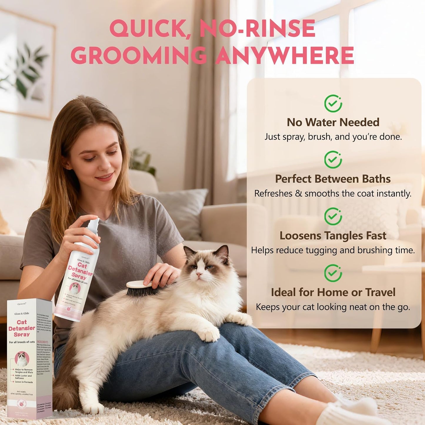 Cat Detangler Spray for Matted Hair & Dematting Spray for Cats, Effective Cat Matted Fur Remover–Loosens Mats, Smooths Coats, and Reduces Pulling, No-Rinse Formula Safe for Sensitive Skin