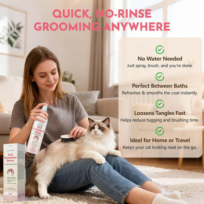 Cat Detangler Spray for Matted Hair & Dematting Spray for Cats, Effective Cat Matted Fur Remover–Loosens Mats, Smooths Coats, and Reduces Pulling, No-Rinse Formula Safe for Sensitive Skin