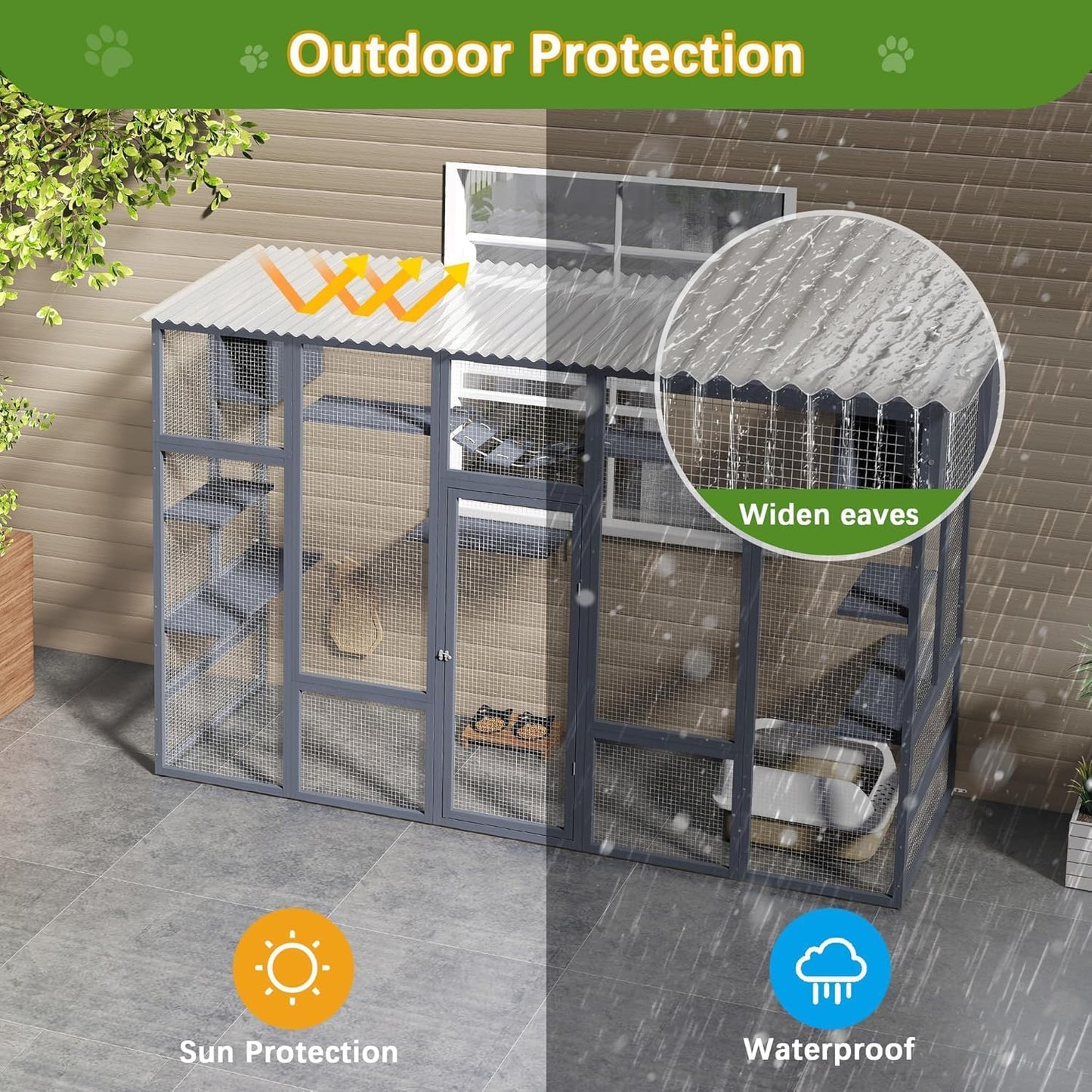 COZIWOW Catio Outdoor Cat Enclosure Window, 104" Wooden Large Catio Outside Cattery for Multiple Cats with Sloped Waterproof Cover, Grey