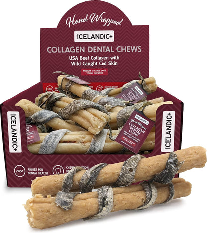 Icelandic+ Collagen Dental Chew: Beef & Cod Skin - 8" Dog Treat Stick, Hand-Wrapped Fish, 2 Ingredient Pet Snacks, Dental Health, Rawhide Alternative