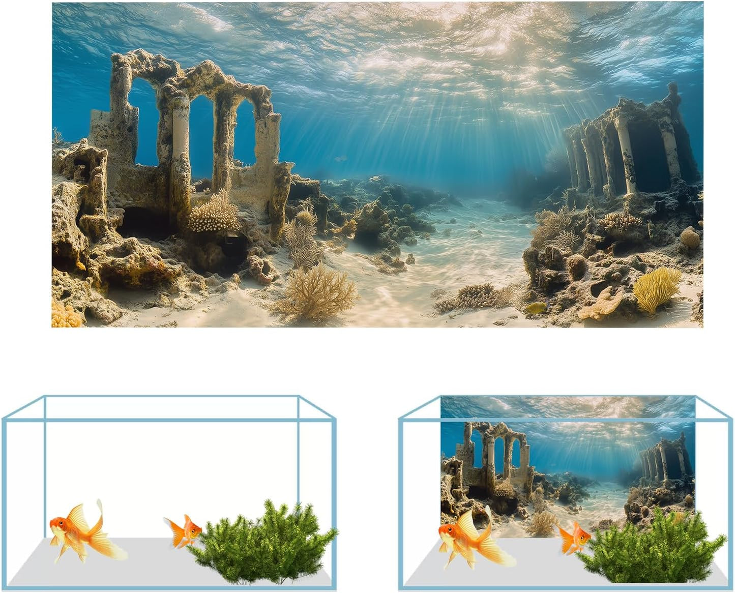 COMSUN 3 Pack Aquarium Background, 36x18 inches Polyester Aquarium Background, Cloth Fish Tank Background, Undersea Ruins Floor Sunshines & Tree Wood Branches Aquatic Plants