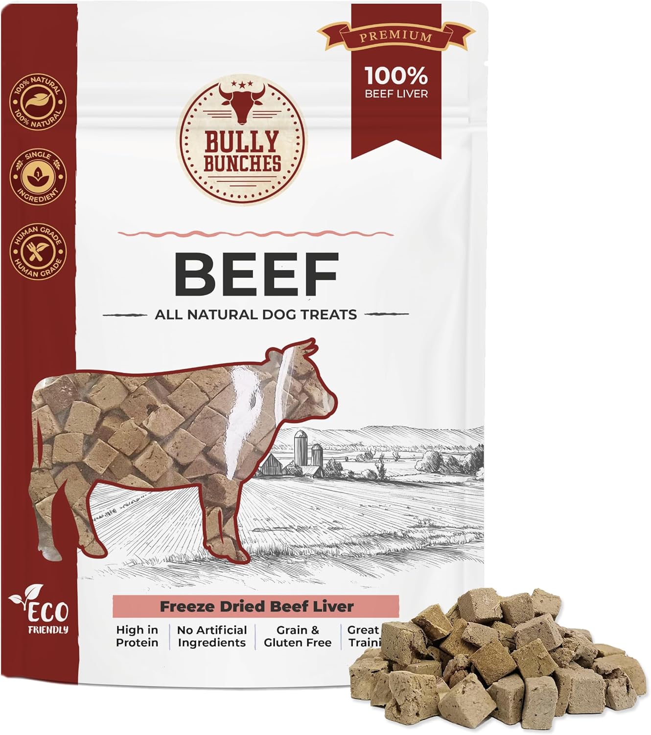 Bully Bunches Freeze Dried Beef Liver Dog Treats - Made in USA, Human Grade, Natural Single Ingredient, High Protein Training Treats for Dogs & Puppies, Grain Free - 3.53 oz