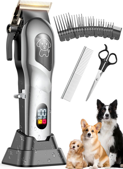 Dog Clippers for Grooming, Dog Grooming Kit for Heavy Thick Hair, Low Noise Cordless Pet Hair Trimmer with Stainless Steel Blade, Professional Rechargeable Hair Trimmer for Dogs and Cats