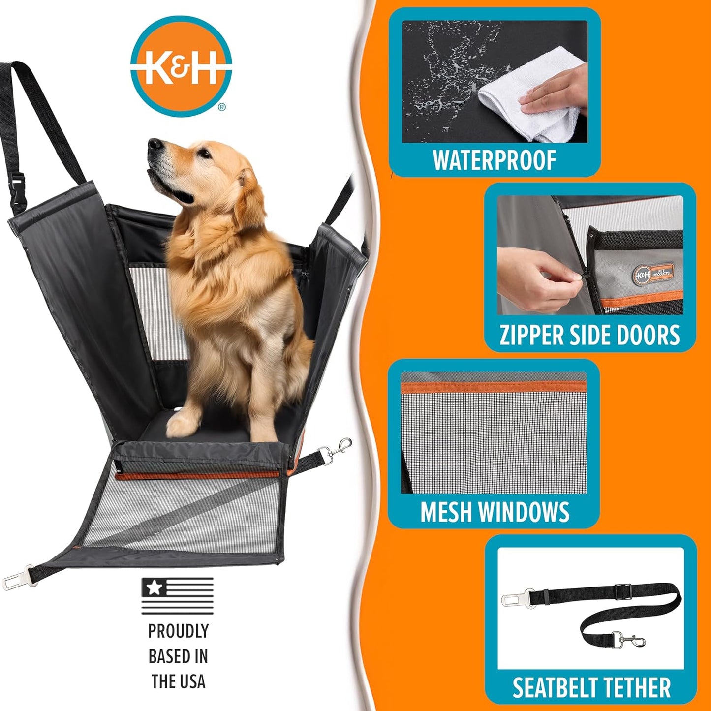 K&H Pet Products Buckle N Go Dog Car Seat for Large Dogs, Waterproof Fabric, Breathable Mesh Sides, Adjustable Seat Belt Leash, Carseat for Medium to Large Pets, Car Seat Cover - 21 X 19 X 19in