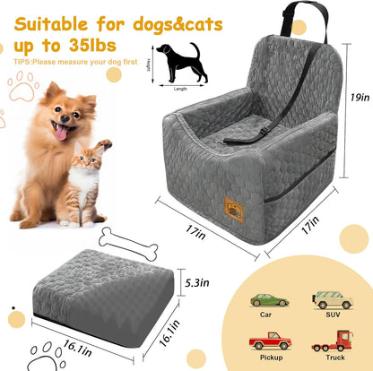 Dog Car Seat for Small/Medium Dogs, Memory Foam Dog Booster Seat, Travel Safety Per Car Seat with Washable Removable Cover, Storage Pockets for Dogs up to 35 lbs(Gray)