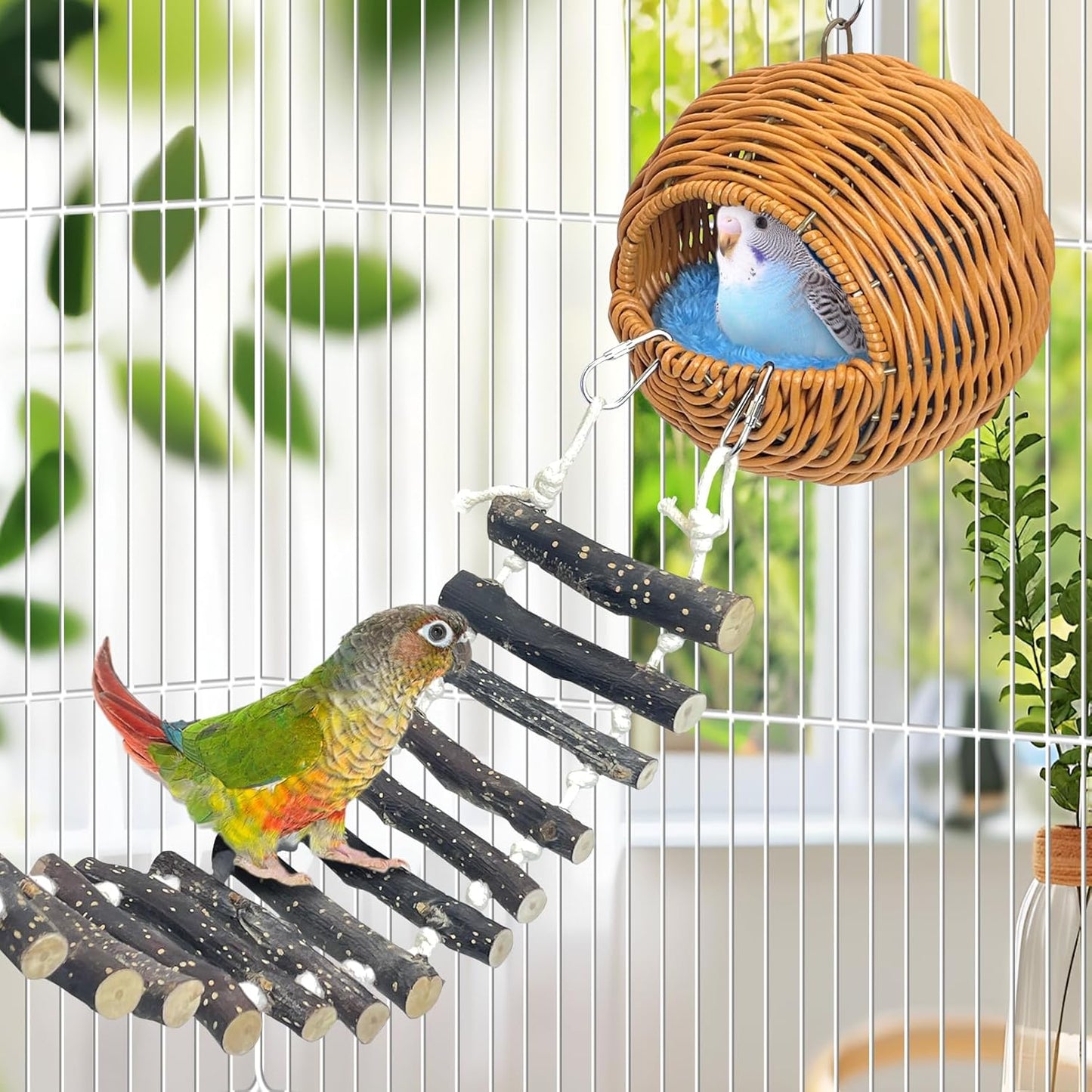 VCEPJH Rattan Bird Nest Hut with Ladder Hanging Bird House for Cage Parakeet Breeding Nest Paly Ground Hideaway for Budgies Conure Finch Cockatiel Parrot Lovebird