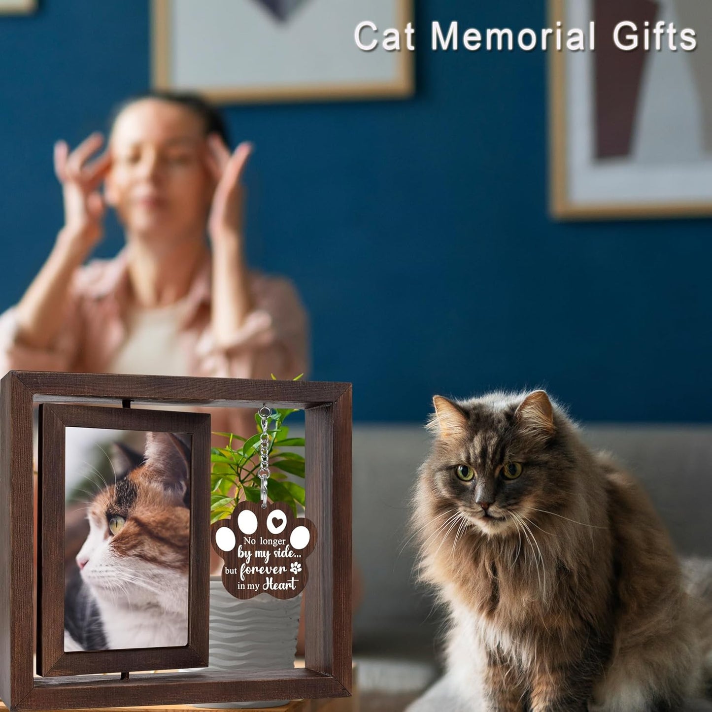 SHOW-YA Cat Memorial Gifts for Loss of Cat - Pet Memorial Gifts Cat,Loss of Cat Sympathy Gift, Cat Passing Away, Pet Remembrance Gift Cat,Rotating Wooden Cat Picture Frame 4x6 Photo