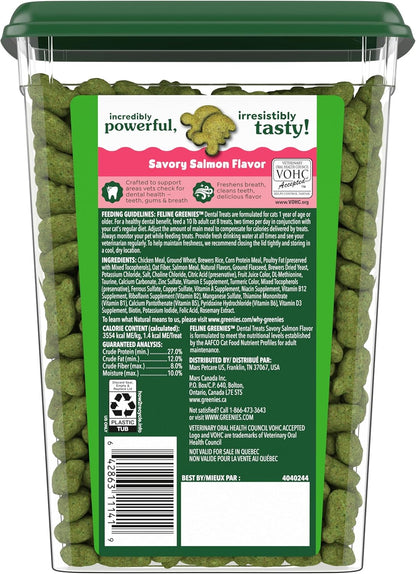 Greenies Feline Veterinarian-Recommended Adult Natural Dental Cat Treats, Savory Salmon Flavor, 9.75 oz. Tub