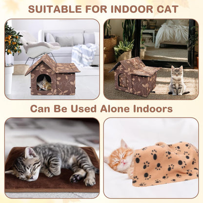 3 Pcs 21"x 18" Outdoor Waterproof Cat House with Curtained Door Self Warming Pad Blanket Large Feral Cat Shelter Winter Leaf Collapsible Kitty Dog Bed Outside, 3 Tent Stakes, Easy Assemble